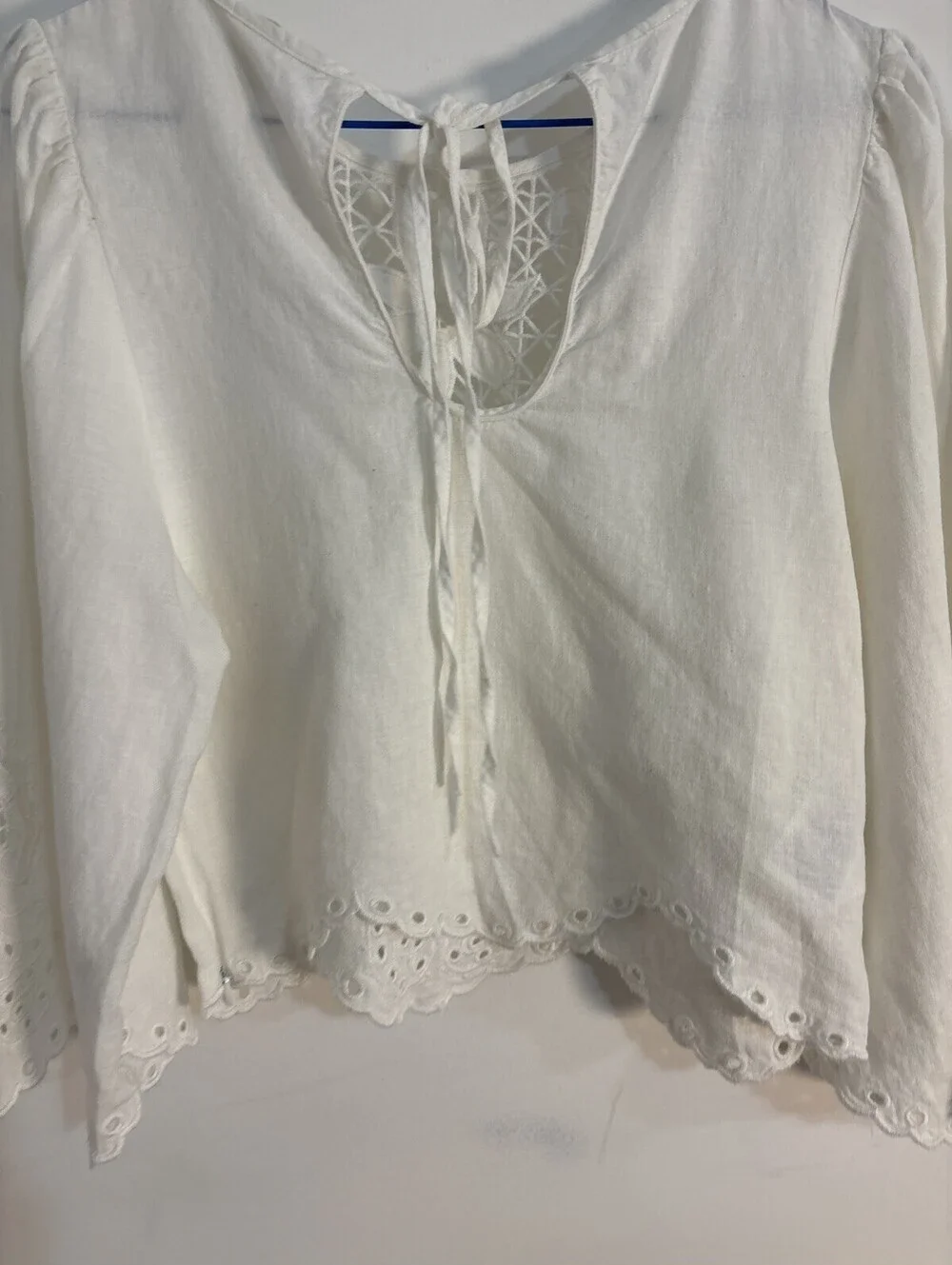 H&M Linen Blend Eyelet Crochet Blouse White Long Sleeve Crop Top Small NWOT